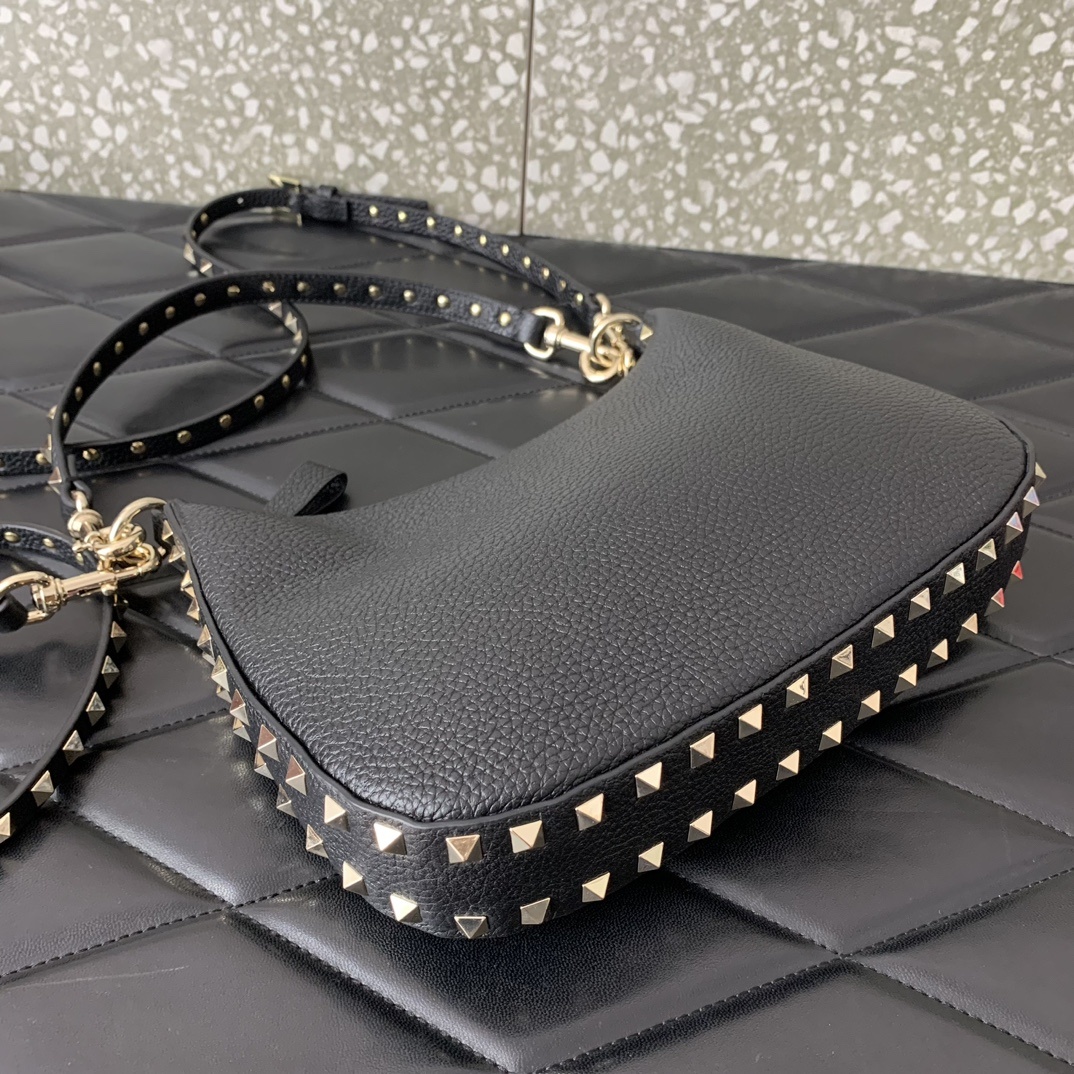 Valentino Garavani Rockstud Small Hobo Bag in Black Grainy Calfskin